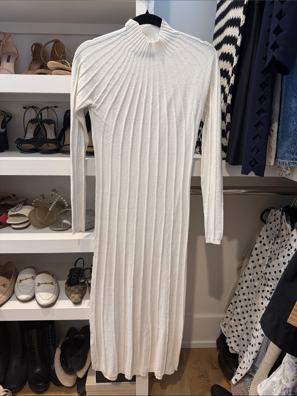 Mango Long Sleeve Ribbed Maxi Dress in White